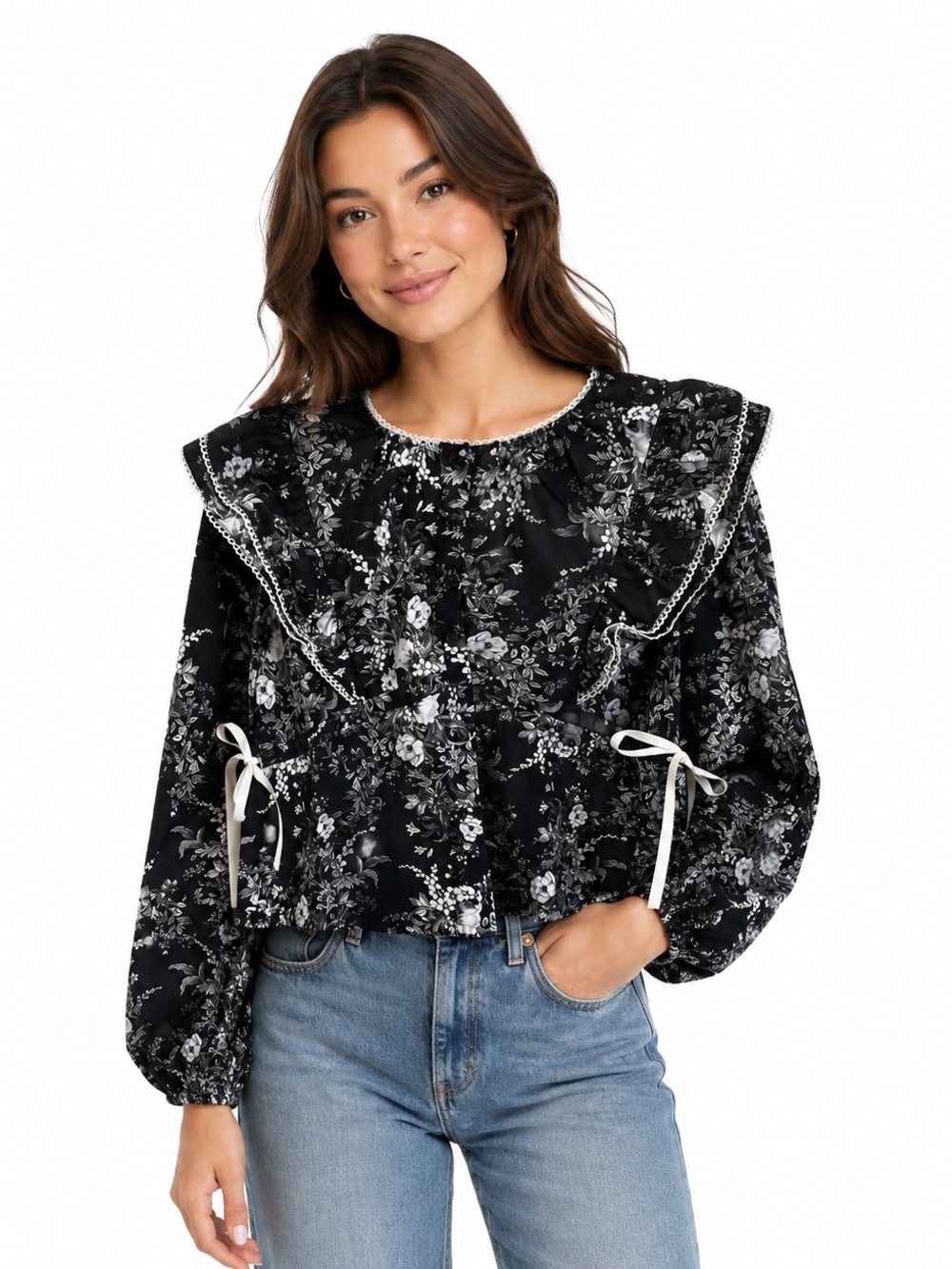 Listicle Women's Black Floral Print Babydoll Blouse Size L NWT Ruffle Coquette